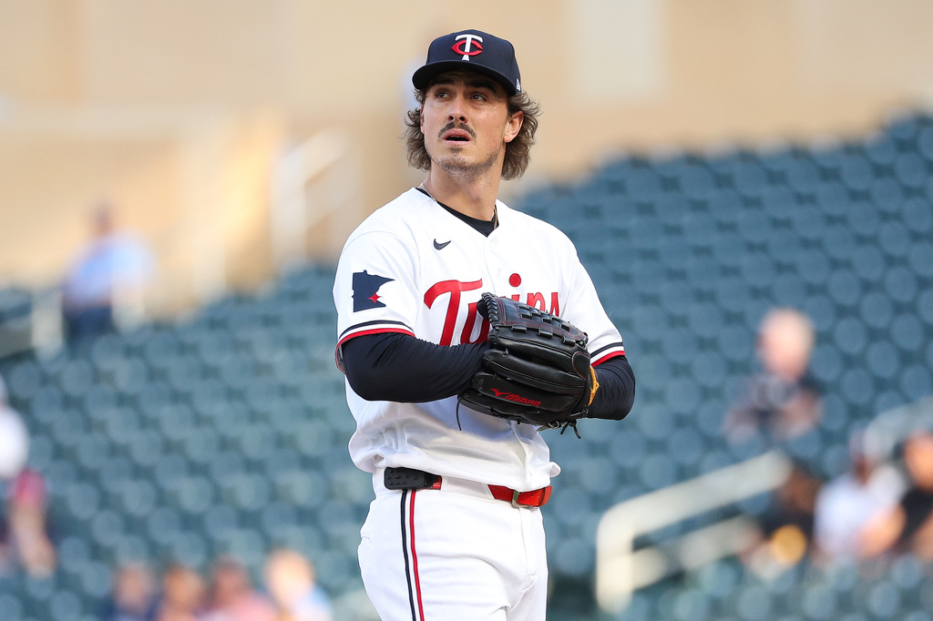 Minnesota Twins starting pitcher Joe Ryan looks on during the first inning of a baseball game against the Chicago White Sox, Monday, June 1, 2026, in Minneapolis. (AP Photo/Matt Krohn)