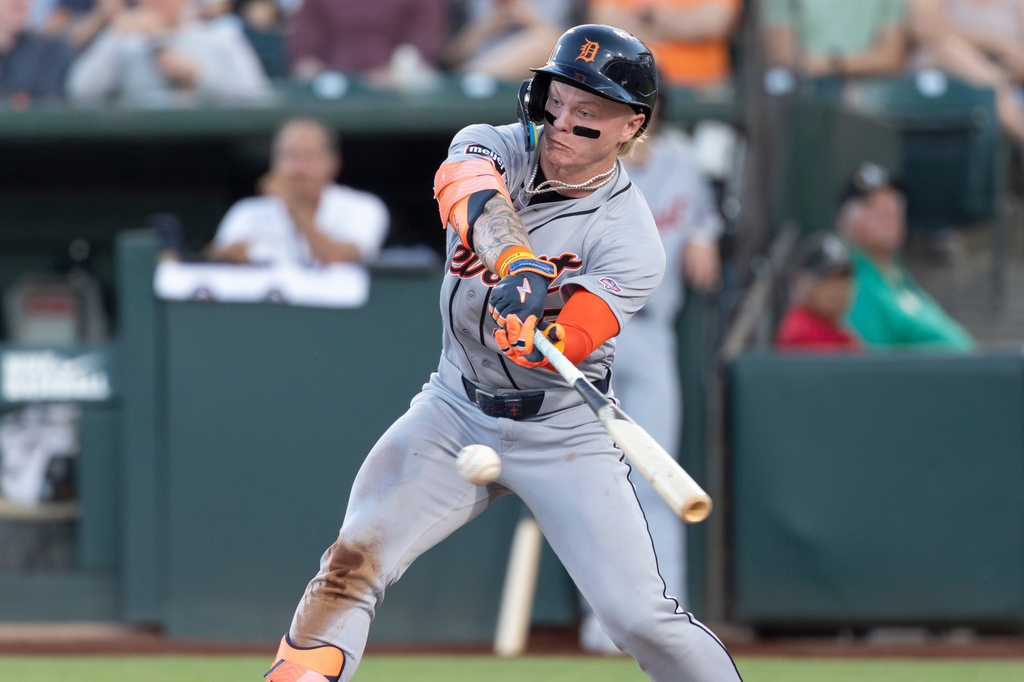 Detroit Tigers' Max Clark hits a single during the fourth inning of a baseball game against the Athletics, Friday, July 31, 2026, in West Sacramento, Calif. (AP Photo/Sara Nevis)