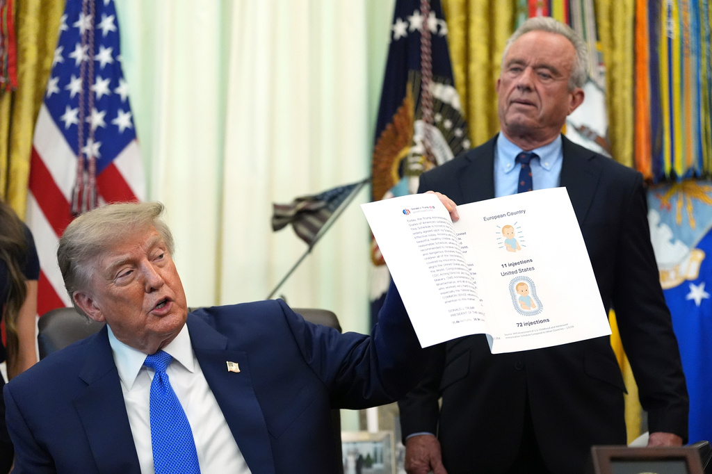 President Donald Trump holds up an image taken from his Truth Social account as Health and Human Services Secretary Robert F. Kennedy Jr. watches during a meeting to sign an executive order about vaccines, Monday, Aug. 10, 2026, in the Oval Office of the White House in Washington. (AP Photo/Jacquelyn Martin)