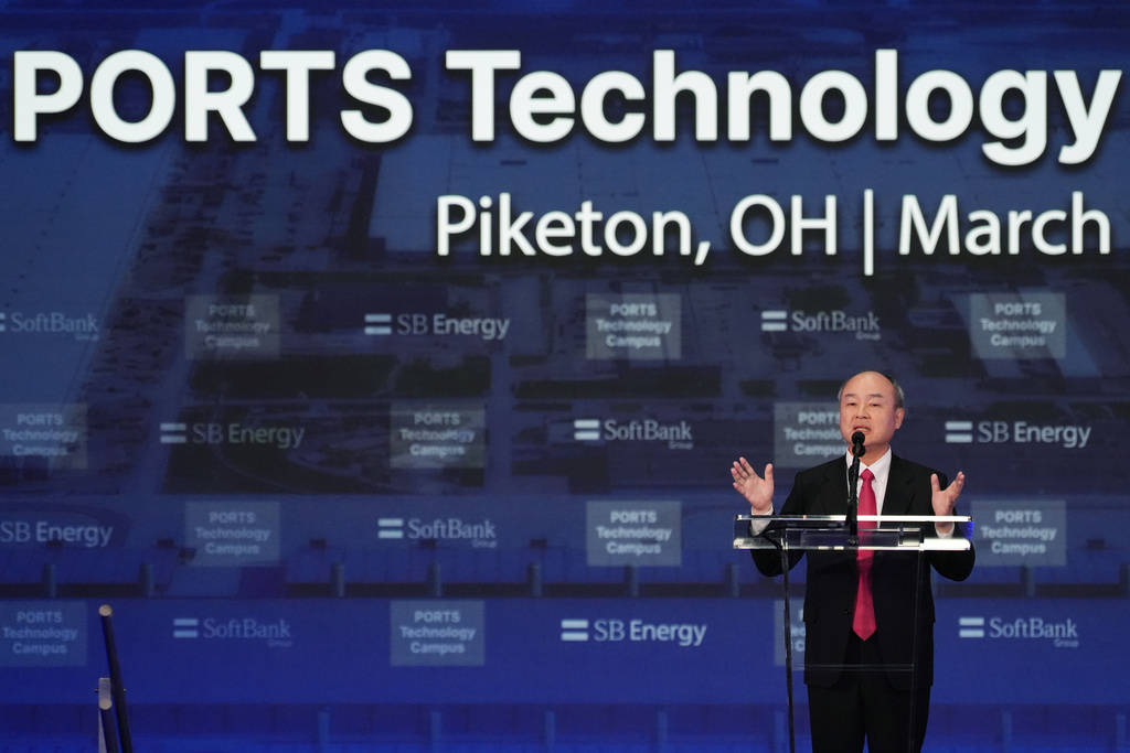 Masayoshi Son, Chairman and CEO of SoftBank Group Corp., speaks during an announcement for a new data center Friday, March 20, 2026, in Piketon, Ohio. (AP Photo/Joshua A. Bickel)