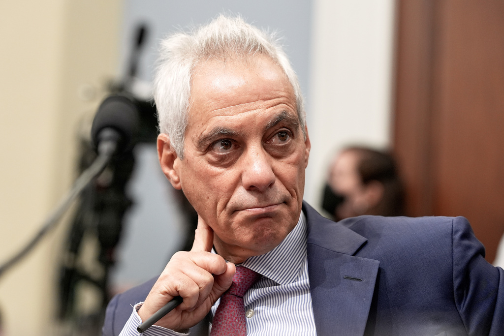 FILE - Former U.S. ambassador to Japan Rahm Emanuel listens during a House Select Committee on China hearing on Capitol Hill, July 23, 2025, in Washington. (AP Photo/Mariam Zuhaib, File)