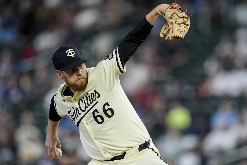 Minnesota Twins pitcher Cody Laweryson (66) works against the New York Yankees in the fourth inning of a baseball game, Tuesday, Sept. 16, 2025, in Minneapolis. (AP Photo/Mike Stewart)