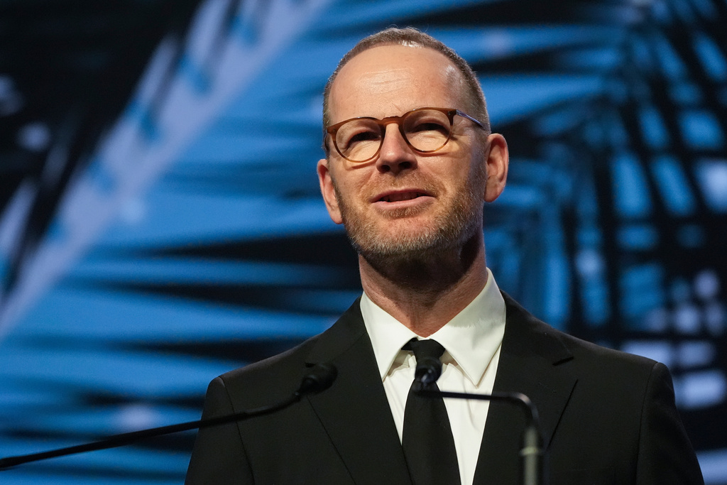 Joachim Trier speaks during the 37th Palm Springs International Film Festival Film Awards on Saturday, Jan. 3, 2026 at Palm Springs Convention Center in Palm Springs, Calif. (AP Photo/Chris Pizzello)