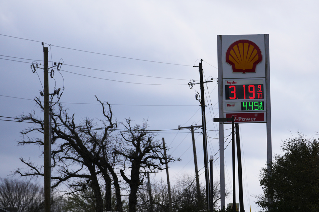 Gas prices are seen on a Shell station marqee Monday, March 9, 2026, in Arlington, Texas. (AP Photo/Julio Cortez)