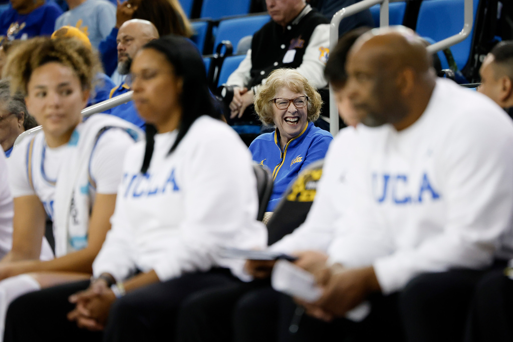 Patti Close, mother of UCLA head coach Cori Close, watches from the stands during the second half of an NCAA college basketball game against Rutgers, Wednesday, Feb. 4, 2026, in Los Angeles. (AP Photo/Caroline Brehman)