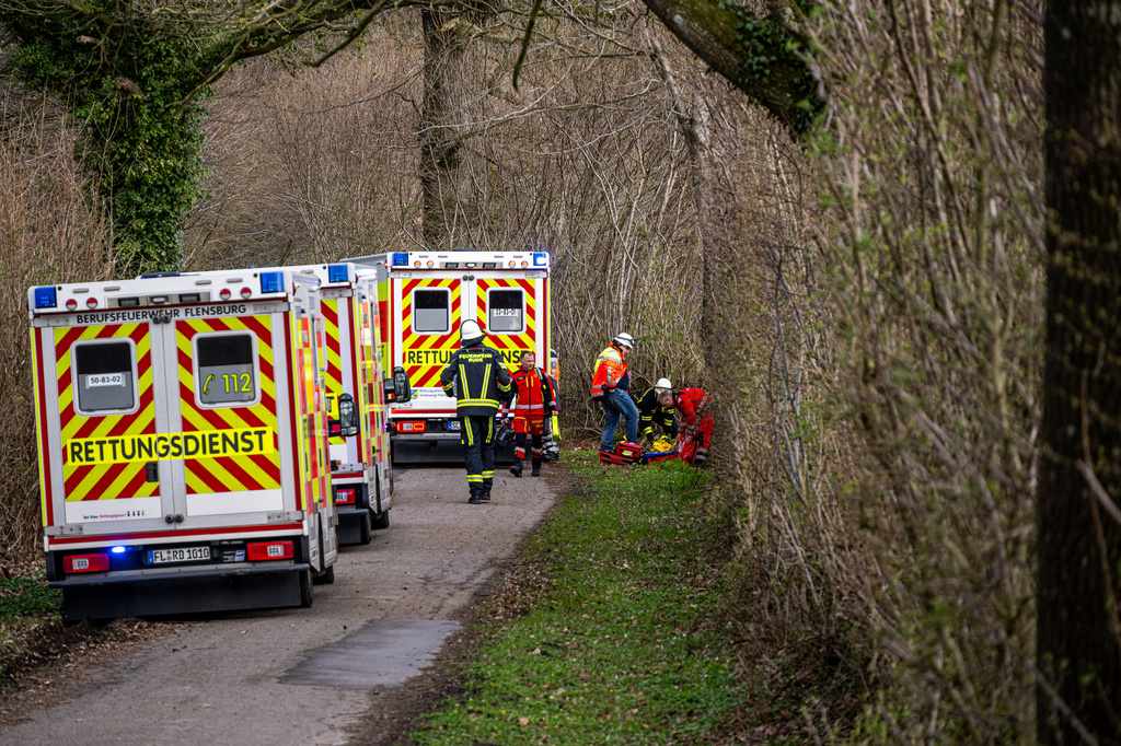 Rescue workers are on the scene after an accident in a wooded area south-east of Flensburg, Germany on Sunday, April 5, 2026. (Benjamin Nolte/dpa via AP)
