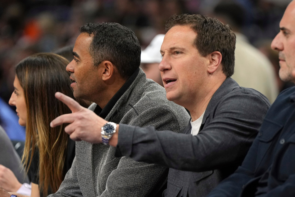 FILE - Phoenix Suns owner Mat Ishbia gestures during the second half of an NBA basketball game against the New Orleans Pelicans, Feb. 27, 2025, in Phoenix. (AP Photo/Rick Scuteri, File)