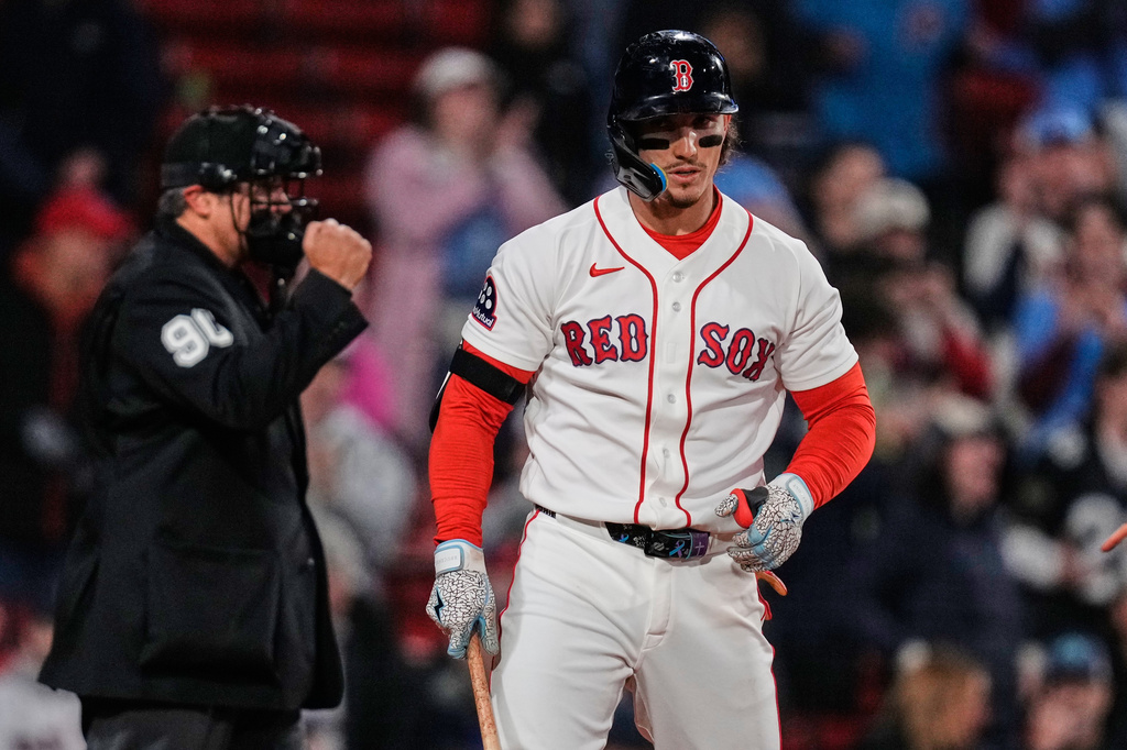 Boston Red Sox's Jarren Duran strikes out to end the baseball game against the Philadelphia Phillies, Thursday, May 14, 2026, in Boston. (AP Photo/Charles Krupa)