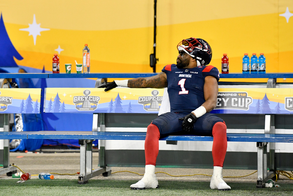 Montreal Alouettes' Darnell Sankey (1) looks on following second half CFL football action against the Saskatchewan Roughriders in the Grey Cup in Winnipeg, Manitoba, Sunday, Nov. 16, 2025. (Fred Greenslade/The Canadian Press via AP)