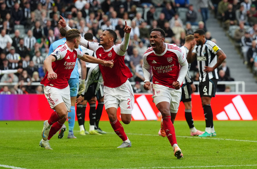 Arsenal's Gabriel celebrates scoring their side's second goal of the game during their English Premier League soccer match against Newcastle United at St. James' Park, Newcastle upon Tyne, England, Sunday, Sept. 28, 2025. (Owen Humphreys/PA via AP) Arsenal's Gabriel celebrates scoring their side's second goal of the game during their English Premier League soccer match against Newcastle United at St. James' Park, Newcastle upon Tyne, England, Sunday, Sept. 28, 2025. (Owen Humphreys/PA via AP)