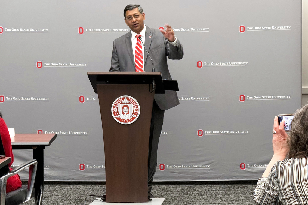 New Ohio State University President Ravi Bellamkonda speaks at the university on Thursday, March 12, 2026, in Columbus, Ohio. (AP Photo/Patrick Aftoora-Orsagos)