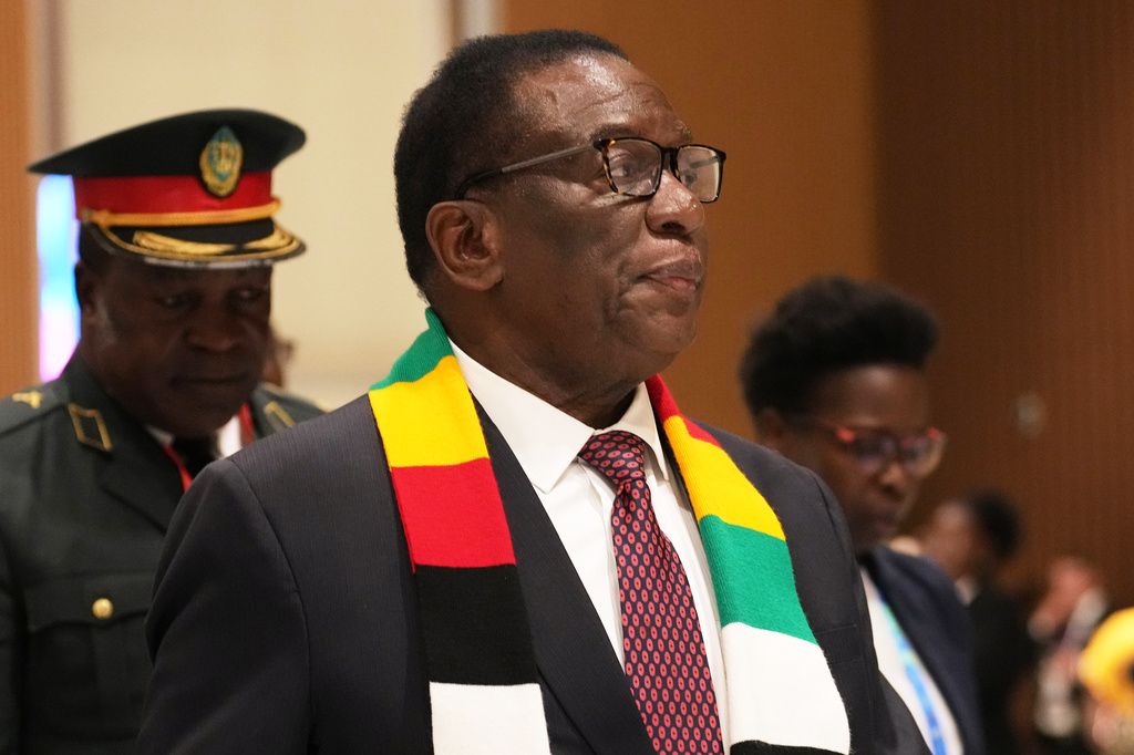 FILE - Zimbabwe's President Emmerson Mnangagwa attends the African Union-European Union summit in Luanda, Angola, Nov. 24, 2025. (AP Photo/Thibault Camus, File)