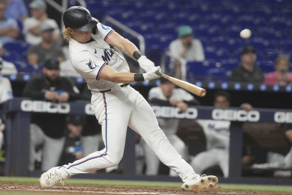 Miami Marlins' Joey Wiemerhits a home run during the second inning of a baseball game against the Washington Nationals Tuesday, Sept. 9, 2025, in Miami. (AP Photo/Marta Lavandier)