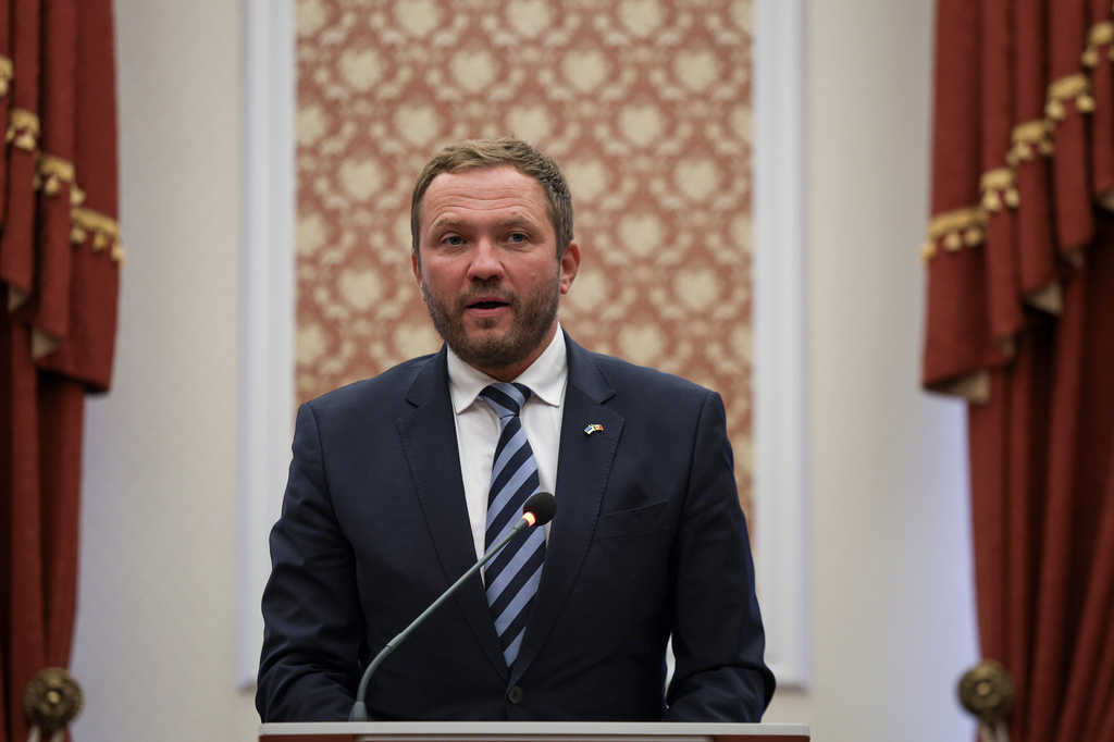 FILE -Estonia's Foreign Minister Margus Tsahkna speaks during a meeting of foreign ministers and state secretaries from the Nordic-Baltic Eight, in Chisinau, Moldova, Oct.15, 2024. (AP Photo/Aurel Obreja, File)