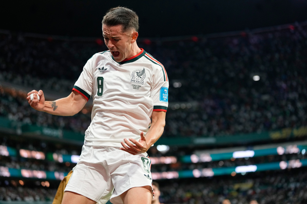 Mexico's Alvaro Fidalgo celebrates scoring his side's third goal against Czechia during a World Cup Group A soccer match in Mexico City, Wednesday, June 24, 2026. (AP Photo/Silvia Izquierdo)