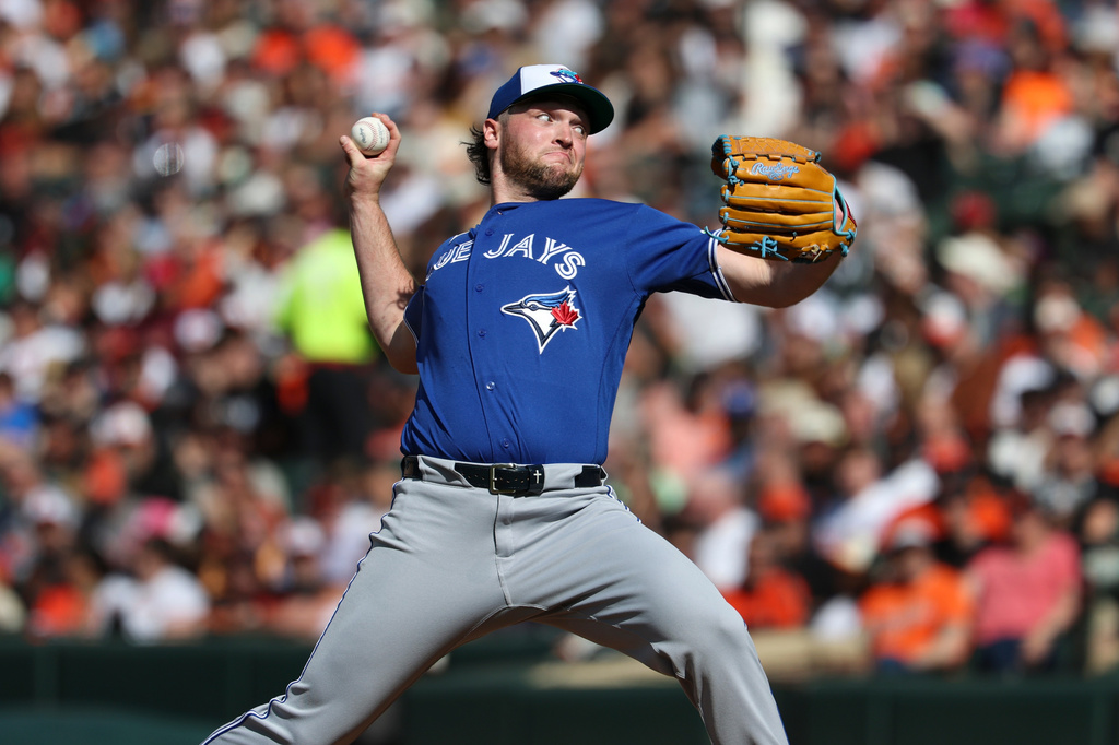 Toronto Blue Jays pitcher Trey Yesavage throws during the third inning of a baseball game against the Baltimore Orioles, Saturday, May 30, 2026, in Washington. (AP Photo/Terrance Williams)