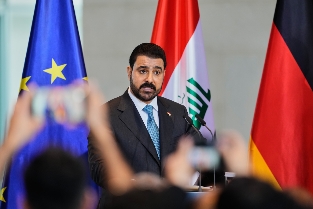 Iraqi Prime Minister Ali al-Zaidi attends a press conference in Berlin, Germany, Tuesday, Sept. 15, 2026. (AP Photo/Markus Schreiber)