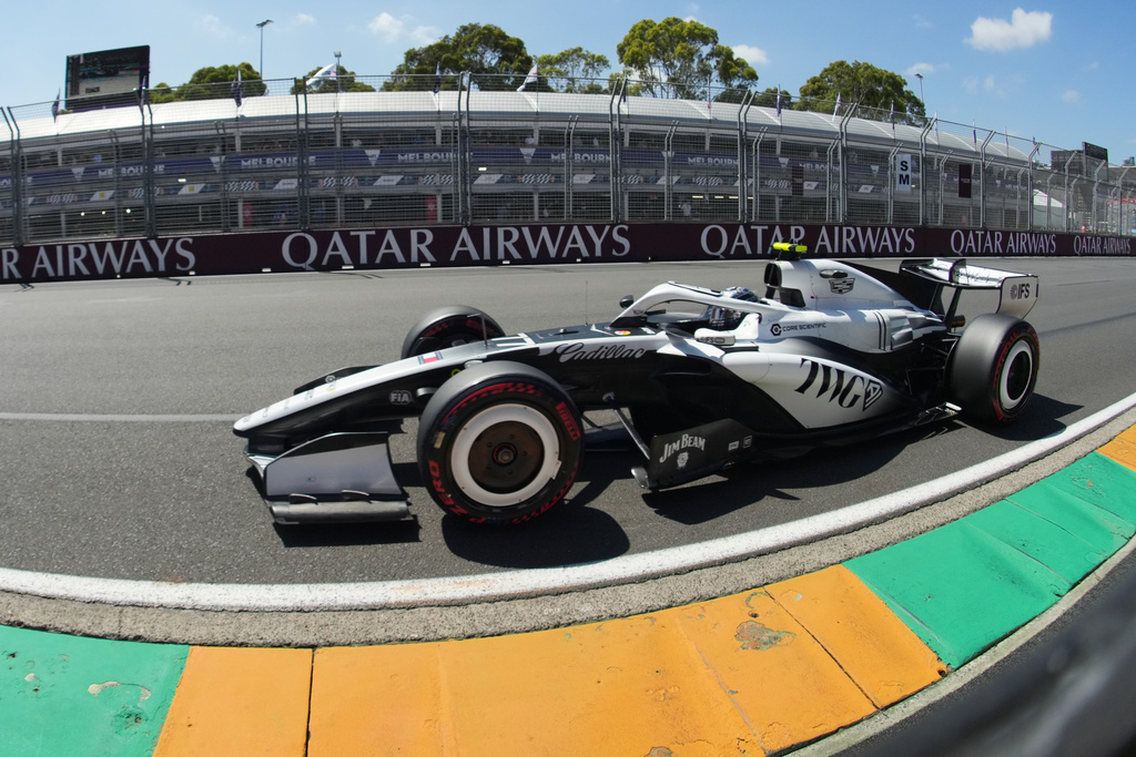 Cadillac driver Valtteri Bottas of Finland steers his car during the first practice session for the Australian Formula One Grand Prix at Albert Park, in Melbourne, Australia, Friday, March 6, 2026. (AP Photo/Heath McKinley )