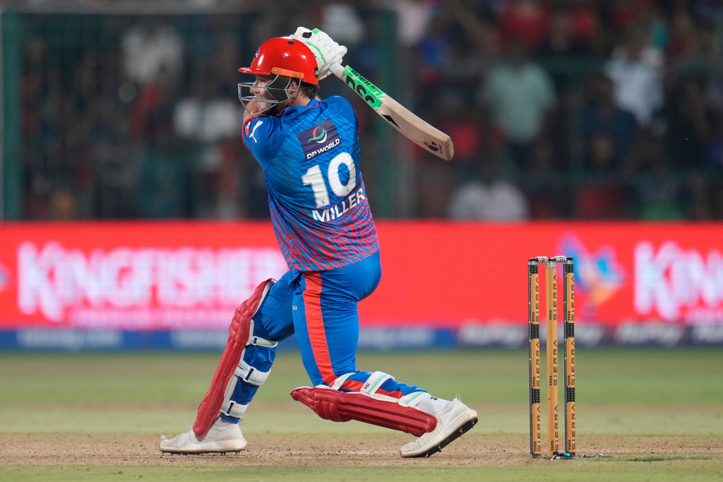 Delhi Capitals' David Miller plays a shot during the Indian Premier League cricket match between Royal Challengers Bengaluru and Delhi Capitals in Bengaluru, India, Saturday, April 18, 2026. (AP Photo/Aijaz Rahi)