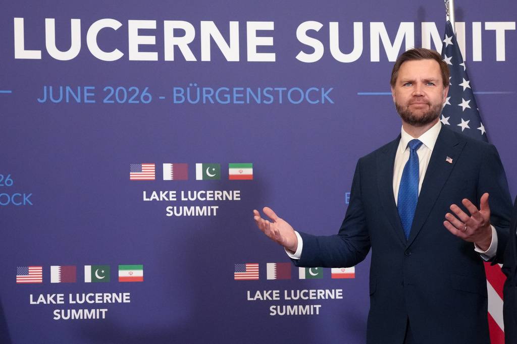 U.S. Vice President JD Vance waits to meet with Pakistan's Prime Minister Shehbaz Sharif during high-level talks aimed at advancing a deal to end the Middle East conflict, at the Bürgenstock Resort in Obbuergen, Switzerland, Sunday, June 21, 2026. (Nathan Howard/Pool Photo via AP)