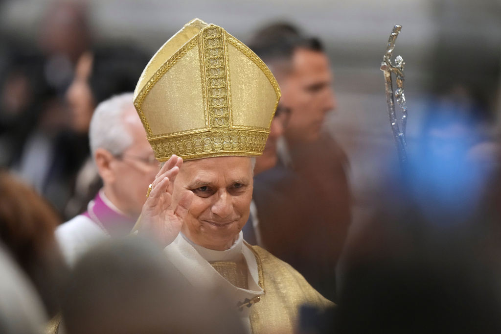 Pope Leo XIV waves after presiding over the ordination of four Auxiliary Bishops of Rome, in Rome's St. John Lateran Basilica, Saturday, May 2, 2026. (AP Photo/Andrew Medichini)
