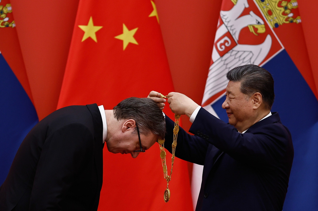 Chinese President Xi Jinping awards Serbian President Aleksandar Vucic the Friendship Medal of the People's Republic of China, at the Great Hall of the People,, in Beijing, China Monday, May 25, 2026. (Tingshu Wang, Pool Photo via AP)