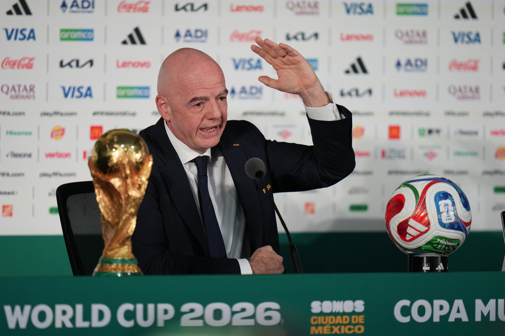 FIFA President Gianni Infantino speaks during a news conference at the stadium in Mexico City, Wednesday, June 10, 2026, a day before the opening FIFA World Cup match between Mexico and South Africa. (AP Photo/Eduardo Verdugo)