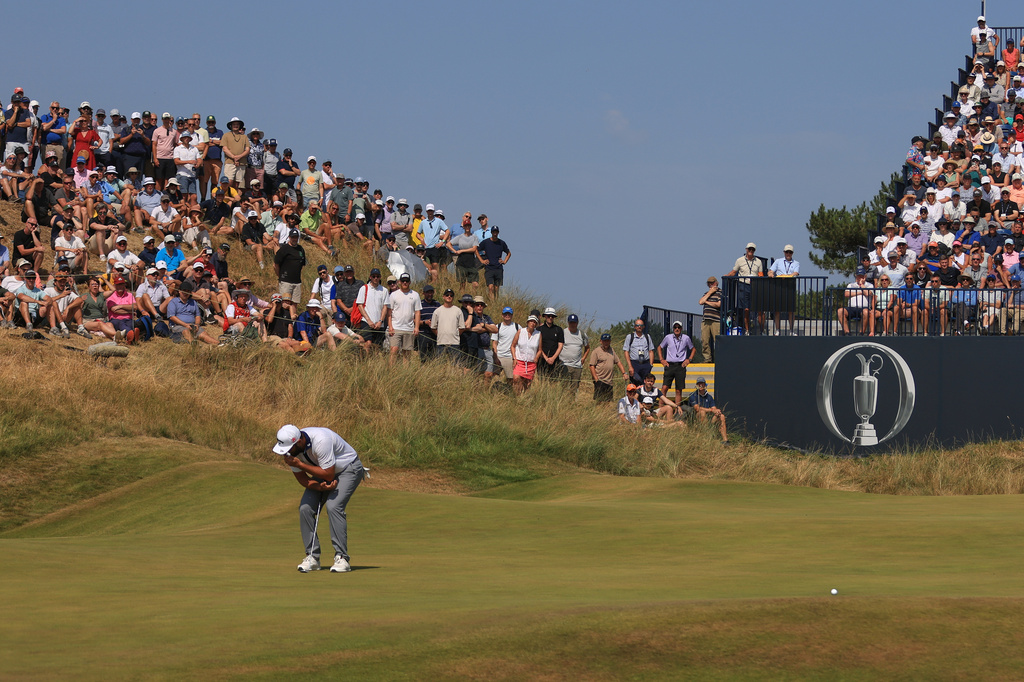 Jon Rahm of Spain reacts after missing a putt on the 17th green during the first day of the British Open Golf championships at Royal Birkdale golf club, in Southport, England, Thursday, July 16, 2026. (AP Photo/Peter Morrison)