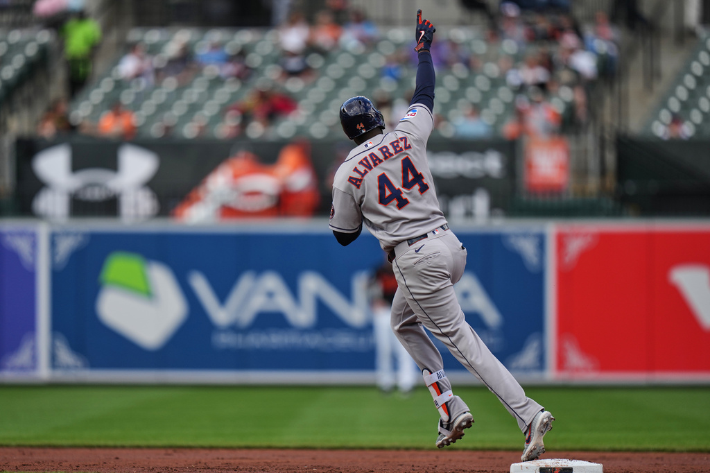Houston Astros' Yordan Alvarez (44) rounds the bases after hitting a home run during the second inning in the second baseball game of a doubleheader against the Baltimore Orioles, Thursday, April 30, 2026, in Baltimore. (AP Photo/Stephanie Scarbrough)