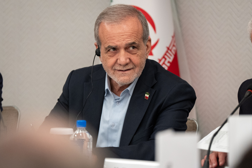 FILE - President of Iran Masoud Pezeshkian takes questions from the media during a news conference in New York on Sept. 26, 2025. (AP Photo/Angelina Katsanis, File)
