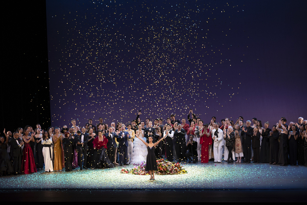 Dancer Misty Copeland, center, takes a bow during curtain calls at her retirement performance from American Ballet Theatre at the David H. Koch Theater at Lincoln Center, Wednesday, Oct. 22, 2025, in New York. (Rosalie O'Connor via AP)