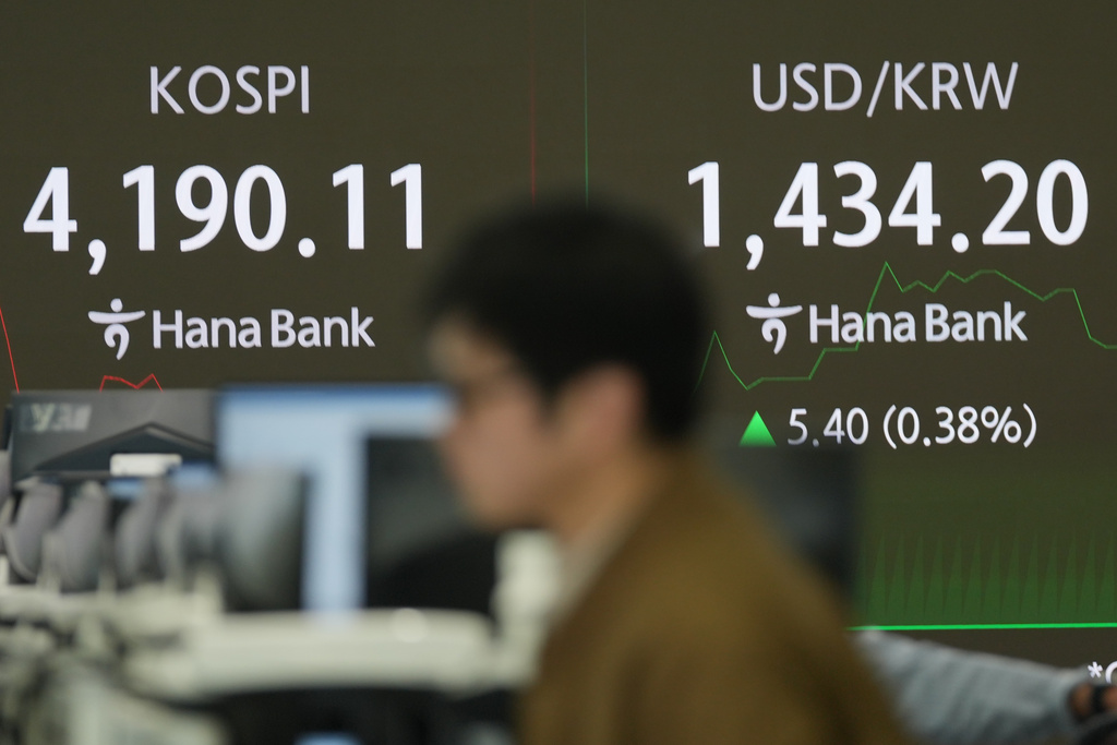 A dealer walks past the screens showing the Korea Composite Stock Price Index (KOSPI), left, and the foreign exchange rate between U.S. dollar and South Korean won at a dealing room of Hana Bank in Seoul, South Korea, Tuesday, Nov. 4, 2025. (AP Photo/Lee Jin-man)