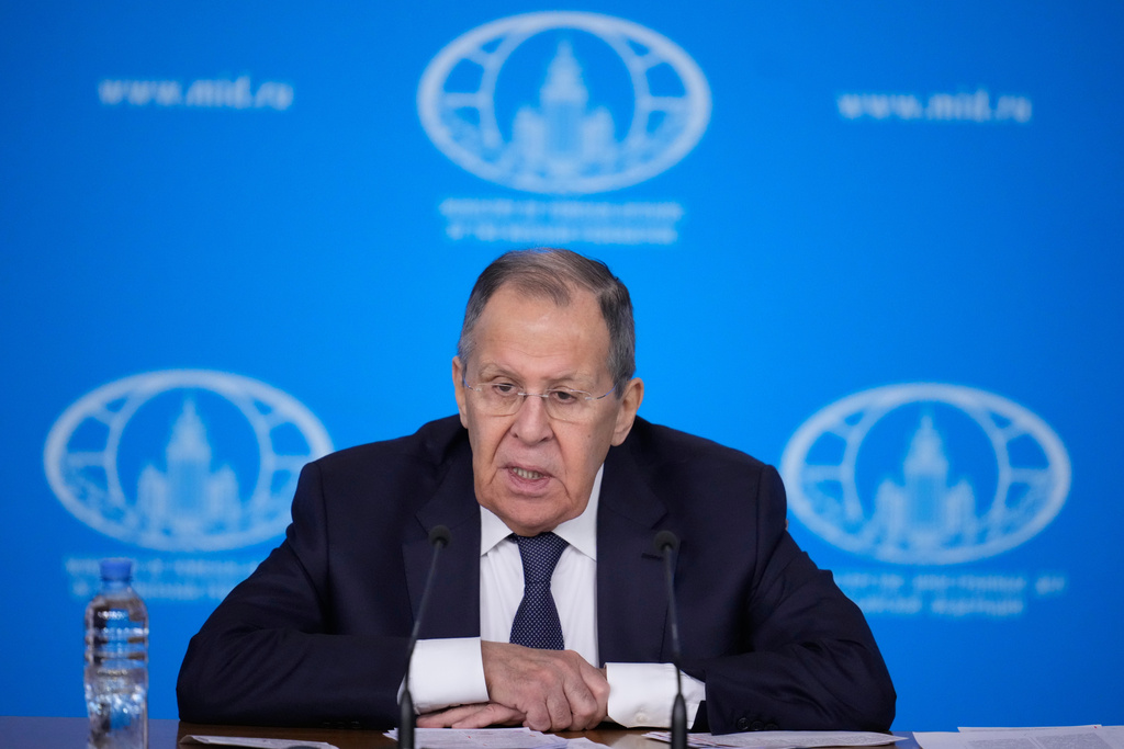 Russian Foreign Minister Sergey Lavrov speaks during his annual news conference in Moscow, on Tuesday, Jan. 20, 2026. (AP Photo/Pavel Bednyakov)