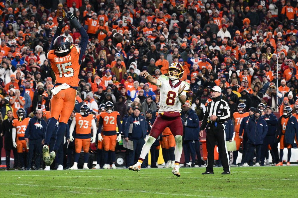 Denver Broncos outside linebacker Nik Bonitto (15) blocks a pass attempt by Washington Commanders quarterback Marcus Mariota (8) on a failed two-point conversion attempt in overtime of an NFL football game Monday, Dec. 1, 2025, in Landover, Md. (AP Photo/Nick Wass)
