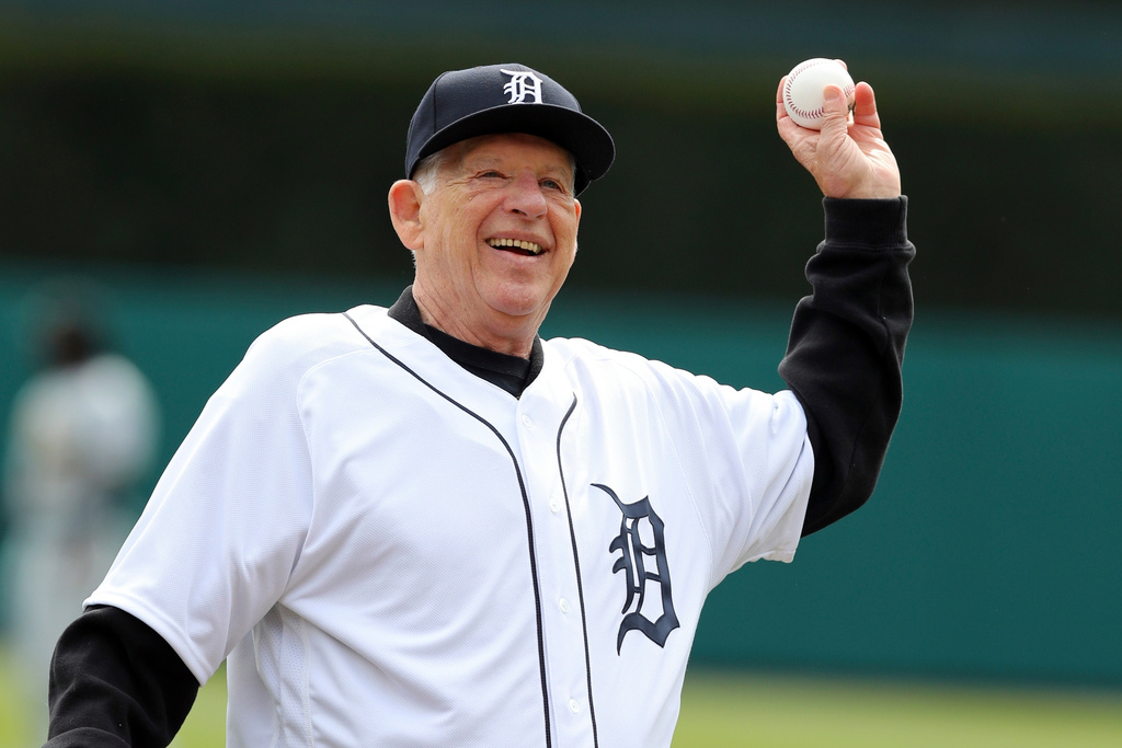 FILE - Former Detroit Tigers pitcher Mickey Lolich throws out the ceremonial first pitch before a baseball game between the Tigers and the Pittsburgh Pirates, March 30, 2018, in Detroit. (AP Photo/Carlos Osorio, File)