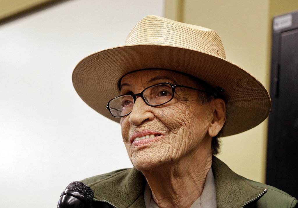 FILE - National Park Service Ranger Betty Reid Soskin smiles during an interview at the Rosie the Riveter World War II Home Front National Historical Park in Richmond, Calif., July 12, 2016. (AP Photo/Ben Margot, File)
