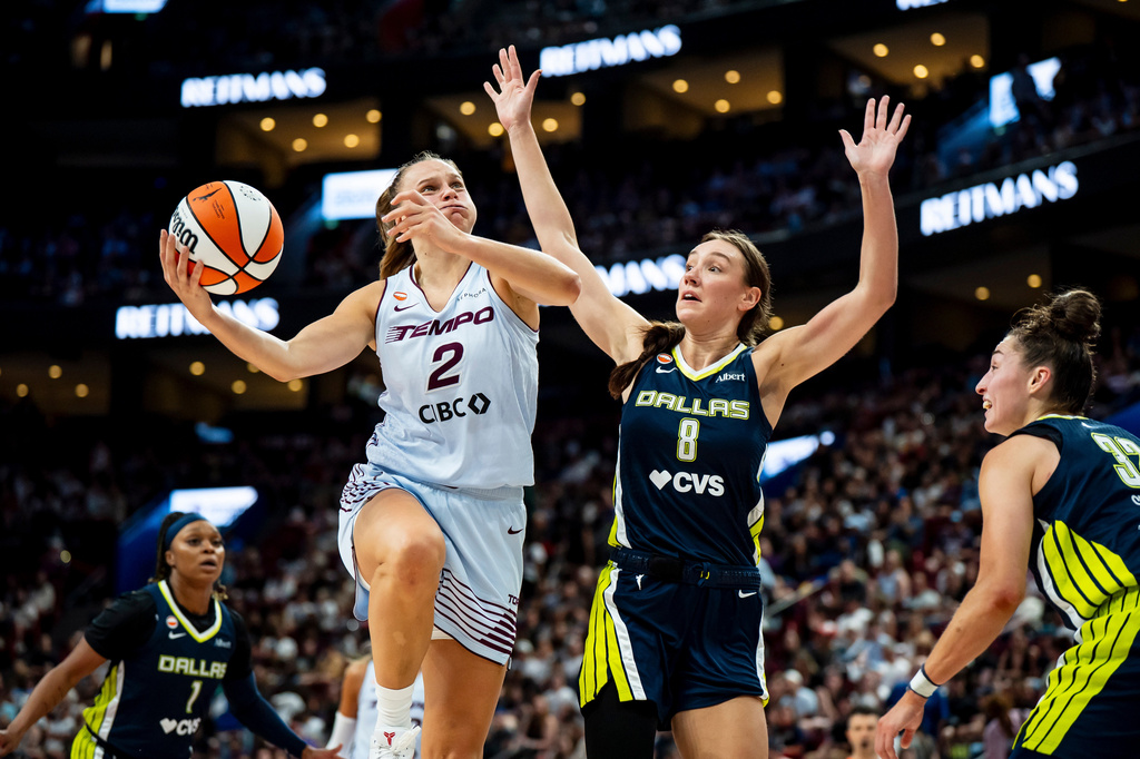 Toronto Tempo's Laura Juskaite (2 ) lays up the ball over Dallas Wings' Alanna Smith (8) during first half of a WNBA basketball game, in Montreal on Friday, July 10, 2026. (Christopher Katsarov/The Canadian Press via AP)