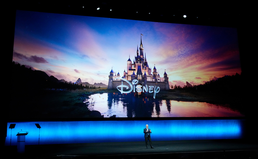 FILE - Alan Bergman, co-chairman of Disney Entertainment, addresses the audience during the Walt Disney Studios presentation at CinemaCon 2024, April 11, 2024, at Caesars Palace in Las Vegas. (AP Photo/Chris Pizzello, File)