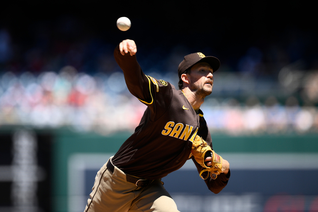 San Diego Padres pitcher Griffin Canning throws during the first inning of a baseball game against the Washington Nationals, Sunday, May 31, 2026, in Washington. (AP Photo/Nick Wass)