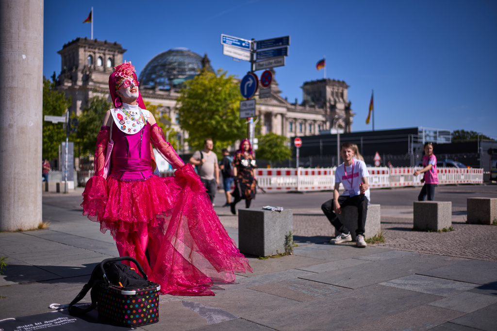 Sister Clementia of the German chapter, OSPI, of the Sisters of Perpetual Indulgence, SPI, enjoy the sun prior to the first Berlin Drag March on the eve of the Pride March in Berlin, Germany, Friday, July 24, 2026. (AP Photo/Markus Schreiber)