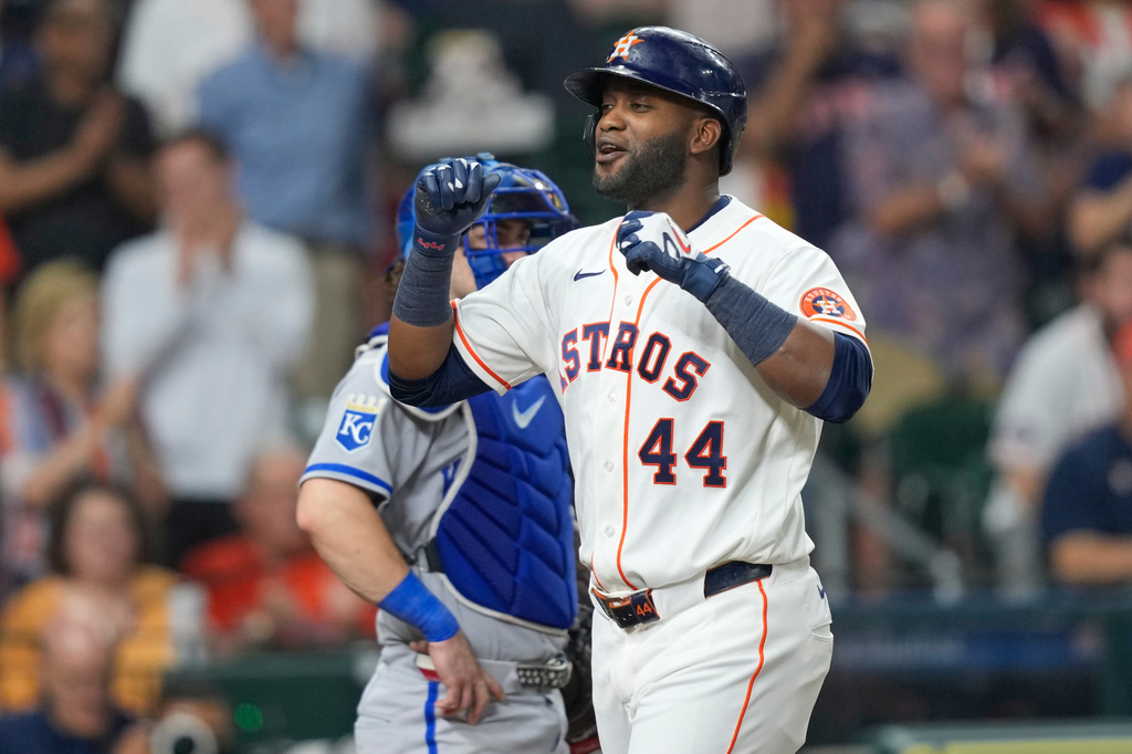 Houston Astros' Yordan Alvarez (44) celebrates after hitting a home run against the Kansas City Royals during the fifth inning of a baseball game Thursday, Sept. 17, 2026, in Houston. (AP Photo/David J. Phillip)