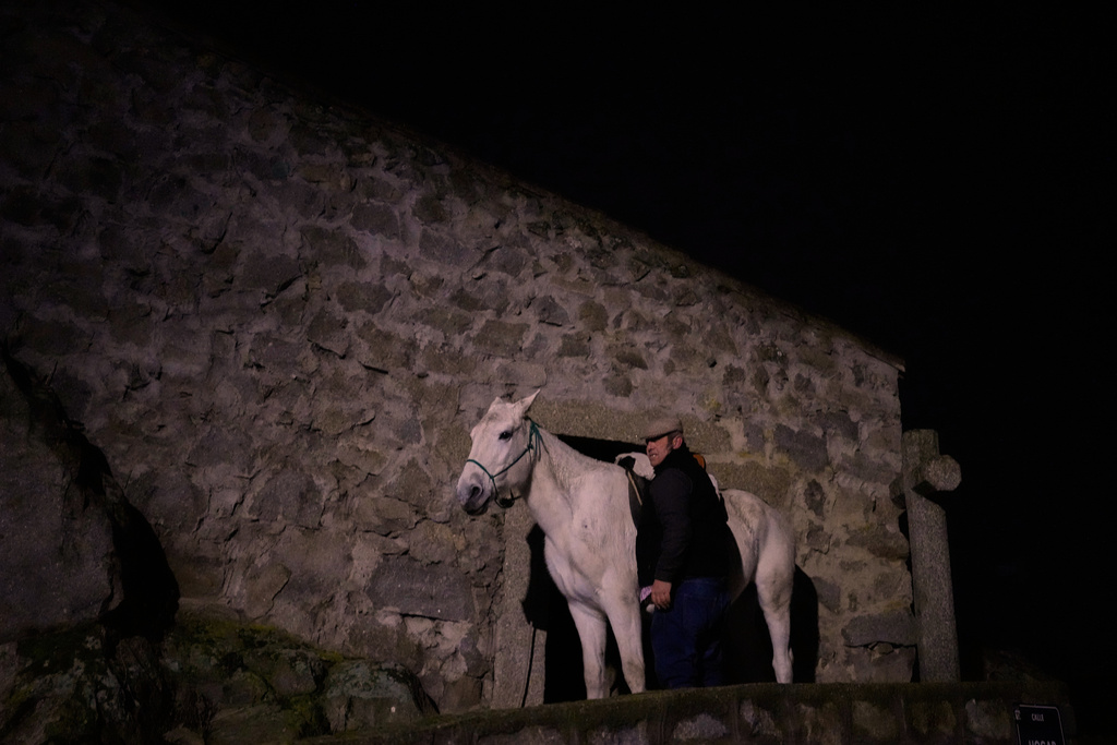A horse is prepared to take part in a ritual in honor of Saint Anthony the Abbot, the patron saint of domestic animals, in San Bartolome de Pinares, Spain, Friday, Jan. 16, 2026. (AP Photo/Manu Fernandez)