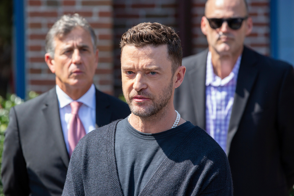 FILE - Justin Timberlake urges drivers not to get behind the wheel after even a single alcoholic drink in Sag Harbor, New York, Sept. 13, 2024, as part of his sentence for driving while impaired. (AP Photo/Ted Shaffrey, File)