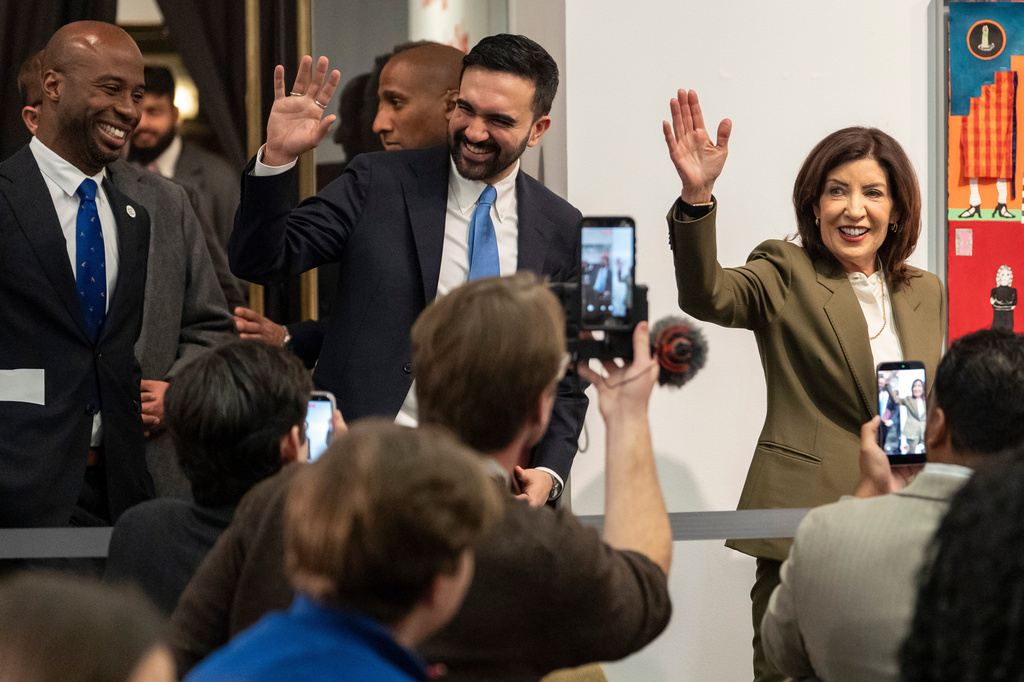 FILE - New York Mayor Zohran Mamdani and New York Governor Kathy Hochul arrive at a press conference at Sugar Hill Children's Museum of Art & Storytelling, March 3, 2026, in New York. (AP Photo/Yuki Iwamura, File)