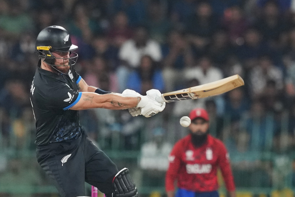 New Zealand's Finn Allen plays a shot during the T20 World Cup cricket match between England and New Zealand in Colombo, Sri Lanka, Friday, Feb. 27, 2026. (AP Photo/Eranga Jayawardena)