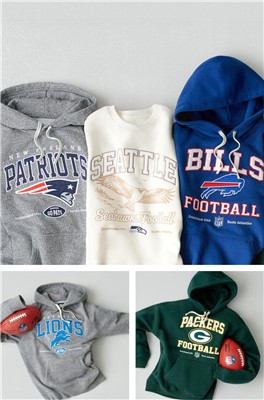 Roots x NFL new collection featuring: the New England Patriots, Seattle Seahawks, Buffalo Bills, Detroit Lions, Green Bay Packers.