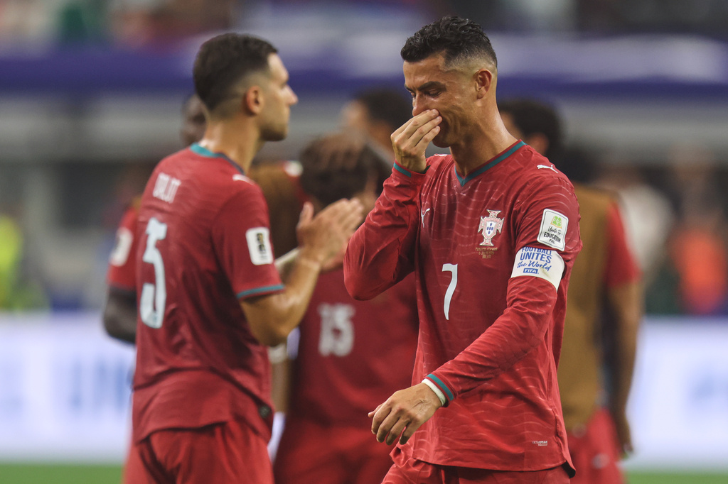 Portugal's Cristiano Ronaldo (7) reacts after the World Cup round of 16 soccer match between Portugal and Spain in Arlington, Texas, near Dallas, Monday, July 6, 2026. (AP Photo/Gareth Patterson)