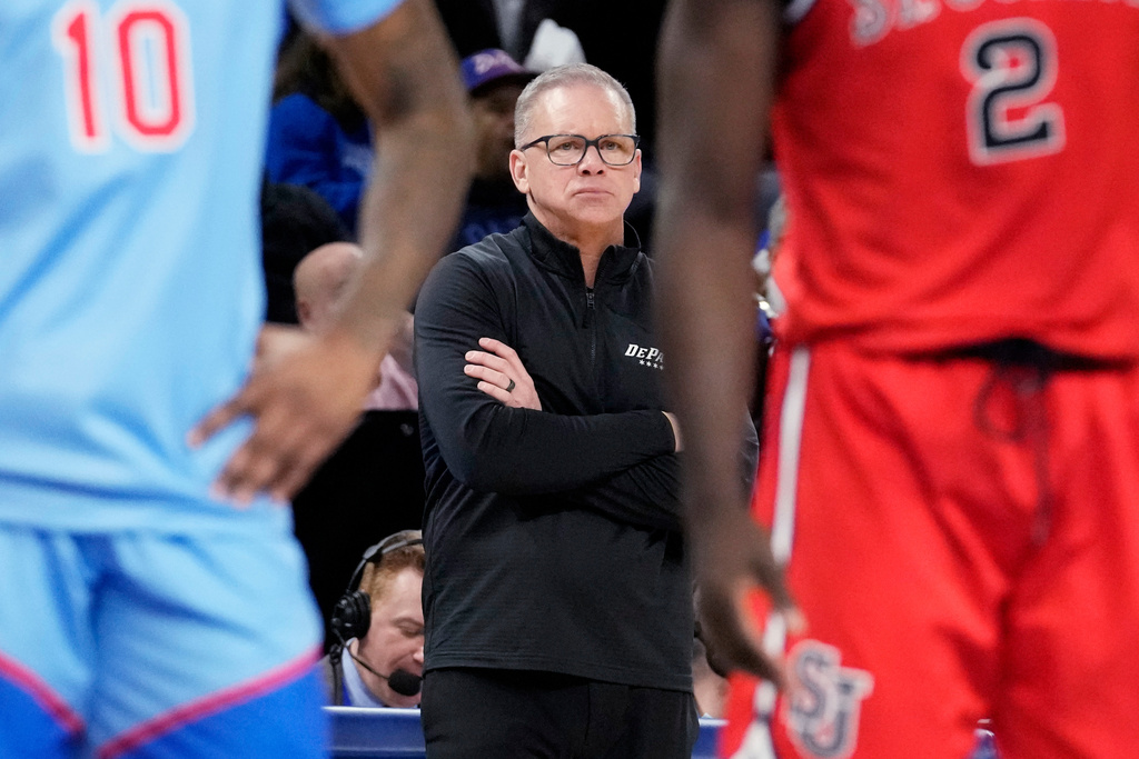 FILE - DePaul head coach Chris Holtmann watches players during the second half of an NCAA college basketball game against St. John's in Chicago, Wednesday, Feb. 19, 2025. (AP Photo/Nam Y. Huh, File)