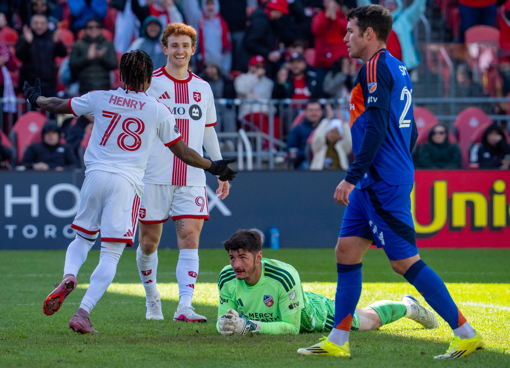 Toronto FC midfielder Malik Henry (78) and forward Josh Sargent (9) celebrate a goal as FC Cincinnati goalkeeper Roman Celentano (18) and FC Cincinnati defender Kyle Smith (24) look on during the second half of an MLS soccer game in Toronto, Saturday, April 11, 2026. (Frank Gunn/The Canadian Press via AP)
