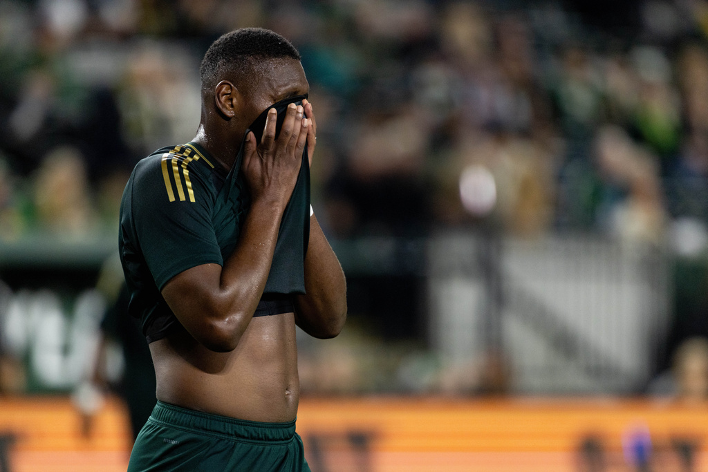 Portland Timbers defender Kamal Miller reacts to a foul call during the second half of an MLS soccer match against Real Salt Lake Wednesday, Oct. 22, 2025, in Portland, Ore. (AP Photo/Howard Lao)